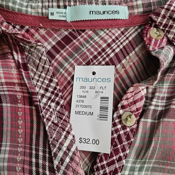 New Maurices Plaid Flannel Shirt Button-Up Maroon Pink Sage Women's M - Picture 4 of 4